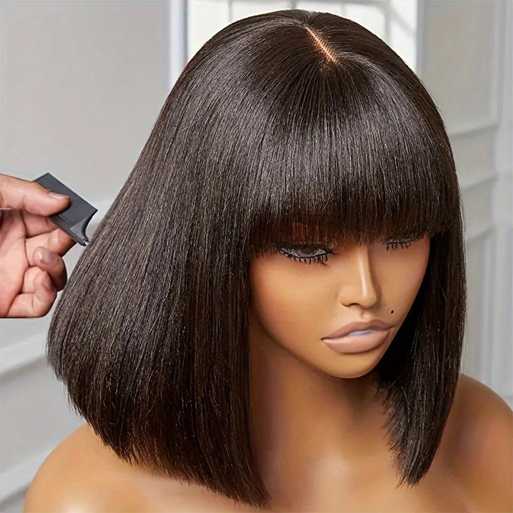 3x1 Hd Lace Straight Human Hair Wig With Bangs Short Bob Human Hair Wigs For Black Women Brazilian 30 34 Inch Long Fringe Wig