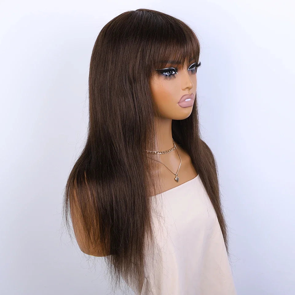Sleek Chocolate Brown Long Straight 100% Human Hair Wig With Bangs For Women Brazilian Remy Hair Full Machine Made Daily Wigs