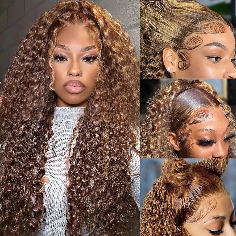 High Density 30 Inch Deep Wave 13x4 HD Lace Front Human Hair Wig Water Wave Curly Transpare Ombre Brown Wig Human Hair For Women