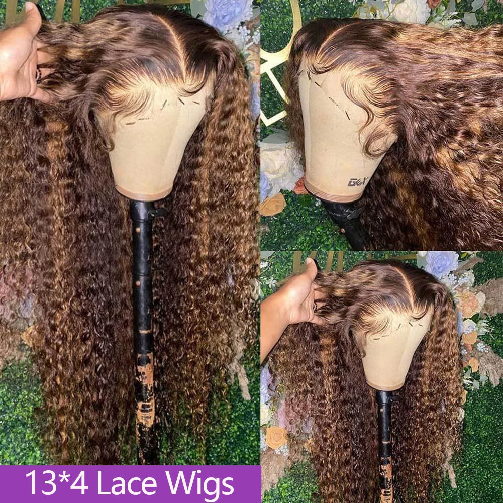 High Density 30 Inch Deep Wave 13x4 HD Lace Front Human Hair Wig Water Wave Curly Transpare Ombre Brown Wig Human Hair For Women
