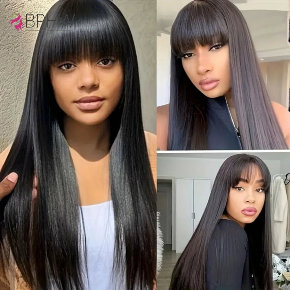 Straight Human Hair Wigs Full Machine Made 100% Human Hair Wigs With Bangs For Women Brazilian Cheap Wig On Sale Clearance BPHW
