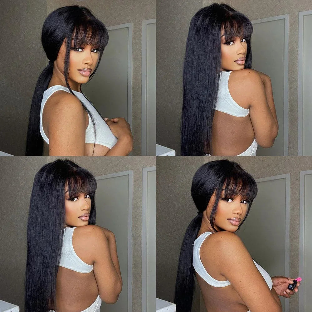 Straight Human Hair Wigs Full Machine Made 100% Human Hair Wigs With Bangs For Women Brazilian Cheap Wig On Sale Clearance BPHW