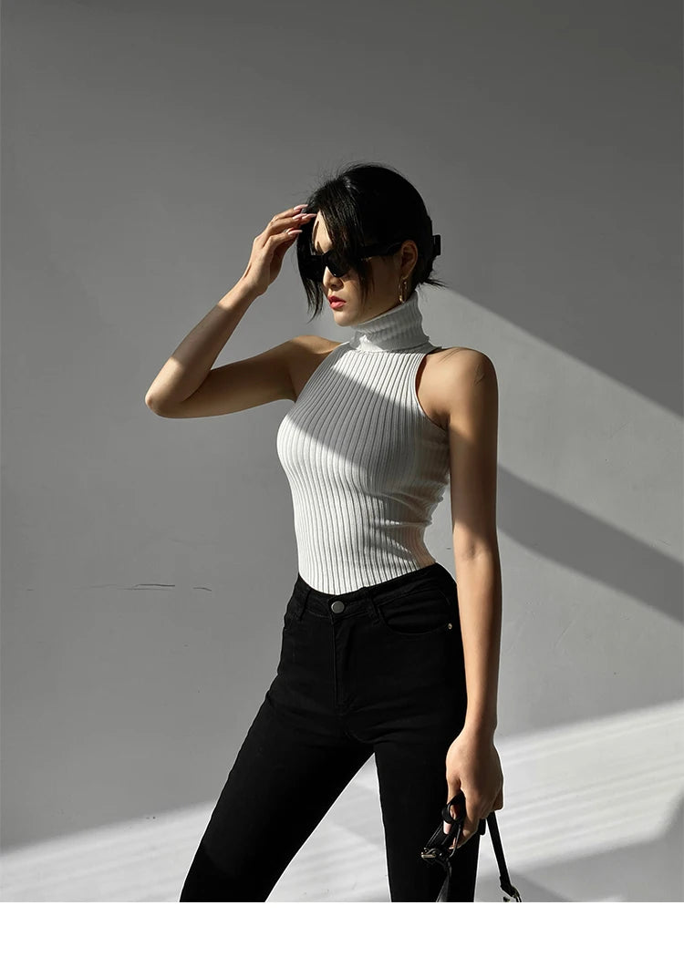 HELIAR Women Off Shoulder Tops Turtleneck Tank Tops Knitted Hot Tops Women 2024 Summer Skinny Round Neck Solid Cute Cropped