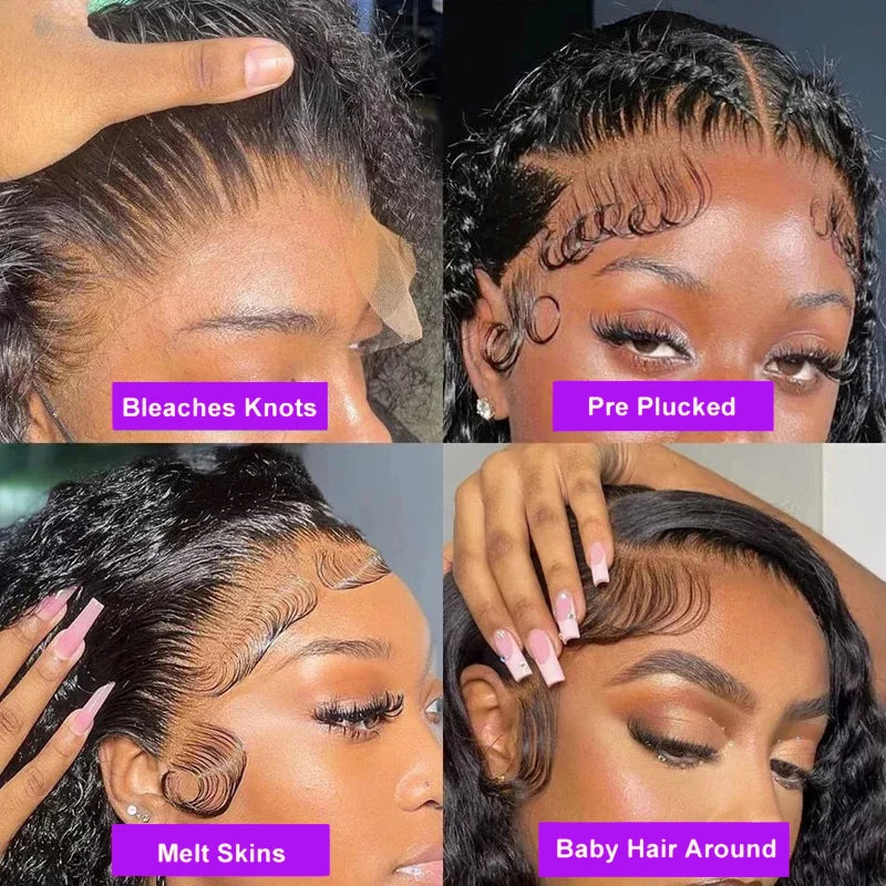Deep Wave Human Hair Wigs Short 13x4 Lace Frontal Bob Wig 200% Density Water Wave Transparent Lace Pre Plucked Wigs For Women 1B