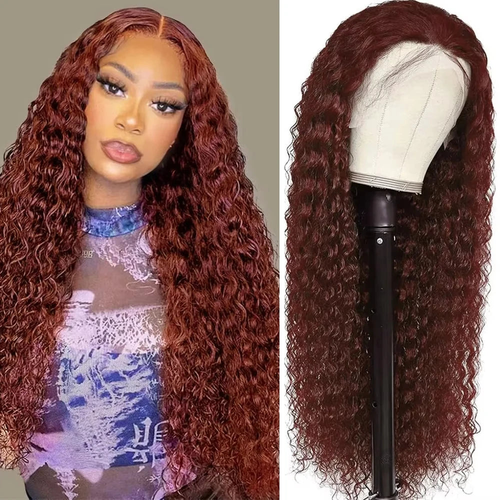 36 Inches Curly Wigs 13×6 Lace Front Human Hair Wig Reddish Brown Glueless Wigs Human Hair Water Wave Human Hair Wigs