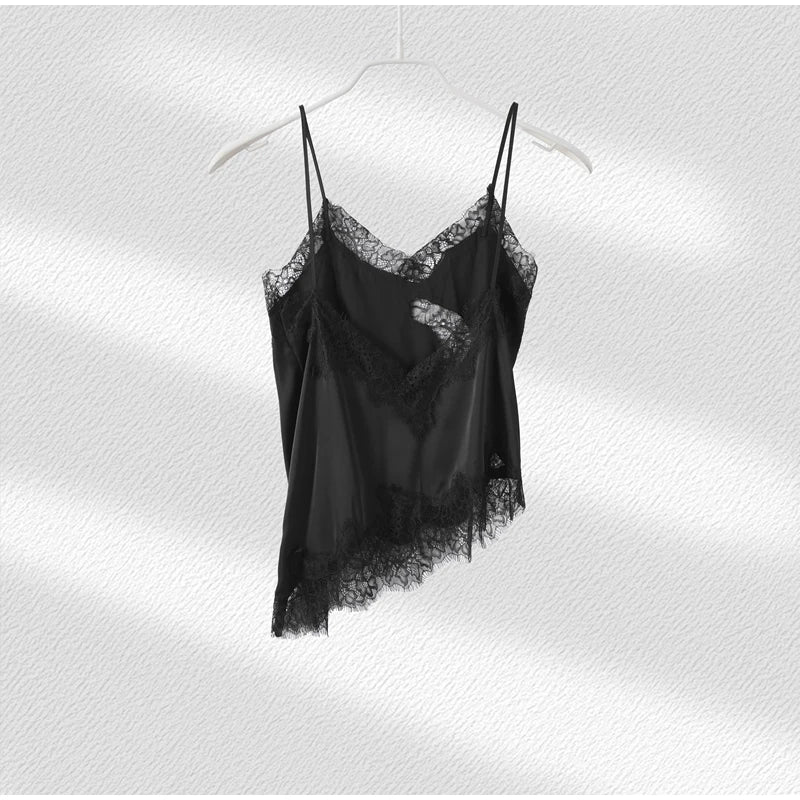 Summer Women Halter Top Satin Lace Spliced Tank Backless Deep Neck Sexy Vest Irregular Hem Vestidos 2025 Lady Vacation Sexy Tops