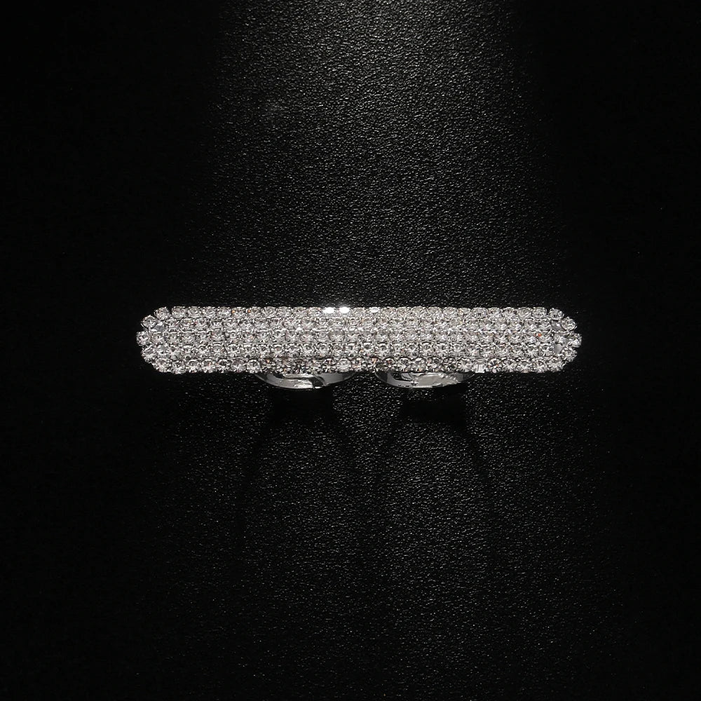 Fashion Lady Long Bar Ring Two Fingers Handmade Hand Accessories Bling Geometric Dubai Rhinestone Open Rings for Women Party