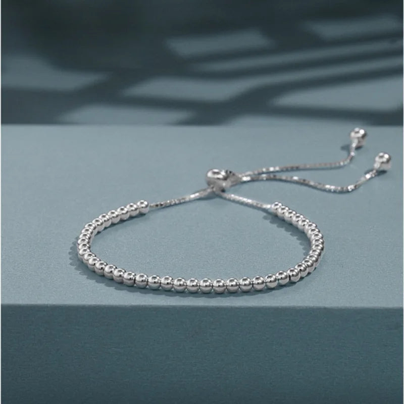 925 Sterling Silver Beads Bracelets for Women 100% Solid Adjustable Handmade Simple Design Fashion Party Wedding Jewelry Gifts