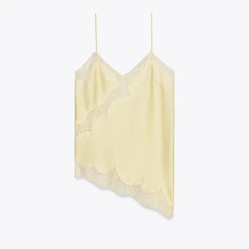 Summer Women Halter Top Satin Lace Spliced Tank Backless Deep Neck Sexy Vest Irregular Hem Vestidos 2025 Lady Vacation Sexy Tops