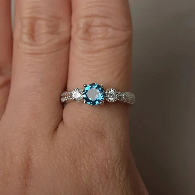 Fashion Female Ring 925 Sterling Silve Sea Blue Round Zircon Finger Rings for Women Promise Love Wedding Ring for Women Jewelry