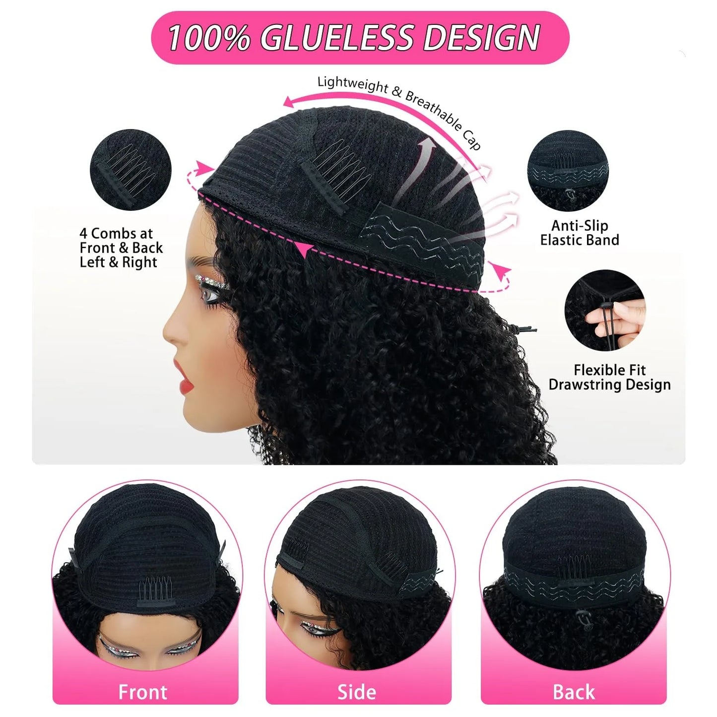 Water Curly Half Wig Drawstring Human Hair Wigs 3 In 1 Flip Over Half Wig Glueless Wig Elastic Band Clip in Hair 3/4 Half Wig