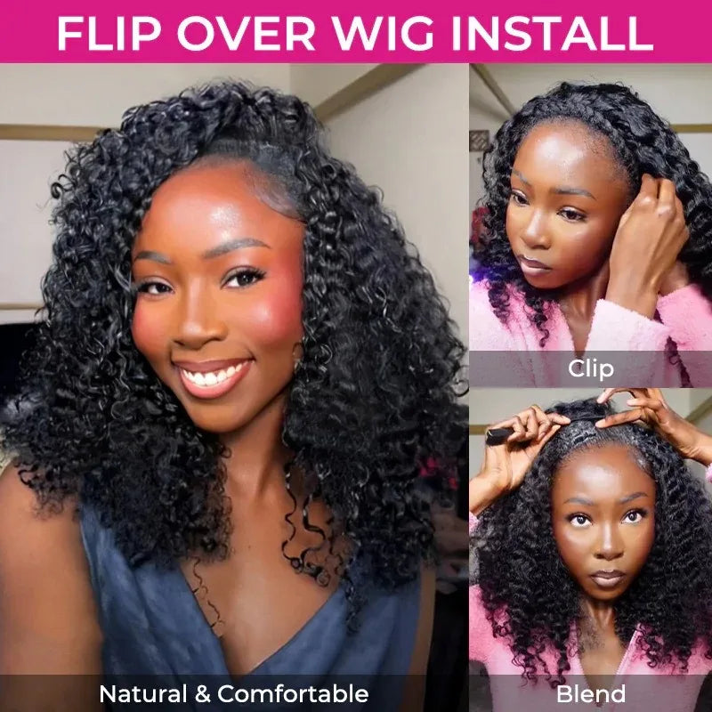 Water Curly Half Wig Drawstring Human Hair Wigs 3 In 1 Flip Over Half Wig Glueless Wig Elastic Band Clip in Hair 3/4 Half Wig