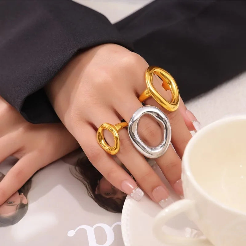 Fashion Minimalist Large Rings For Women Stainless Steel Gold Plated Waterproof Hip-hop Women's Finger Ring Aesthetic Jewelry