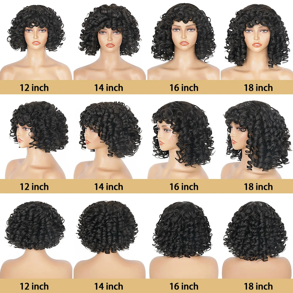 Short Curly Bob Wig Human Hair With Bangs Ready to Go Glueless Bouncy Curly Human Hair Wigs Machine Made Afro Wigs for Women