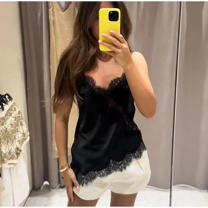 Summer Women Halter Top Satin Lace Spliced Tank Backless Deep Neck Sexy Vest Irregular Hem Vestidos 2025 Lady Vacation Sexy Tops