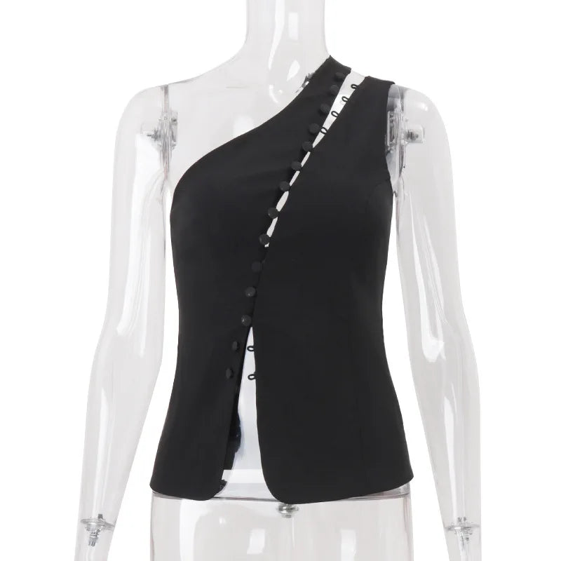 Summer New Fashion Design Oblique Neck Hook Buckles Hot Girl Sleeveless Tank Top