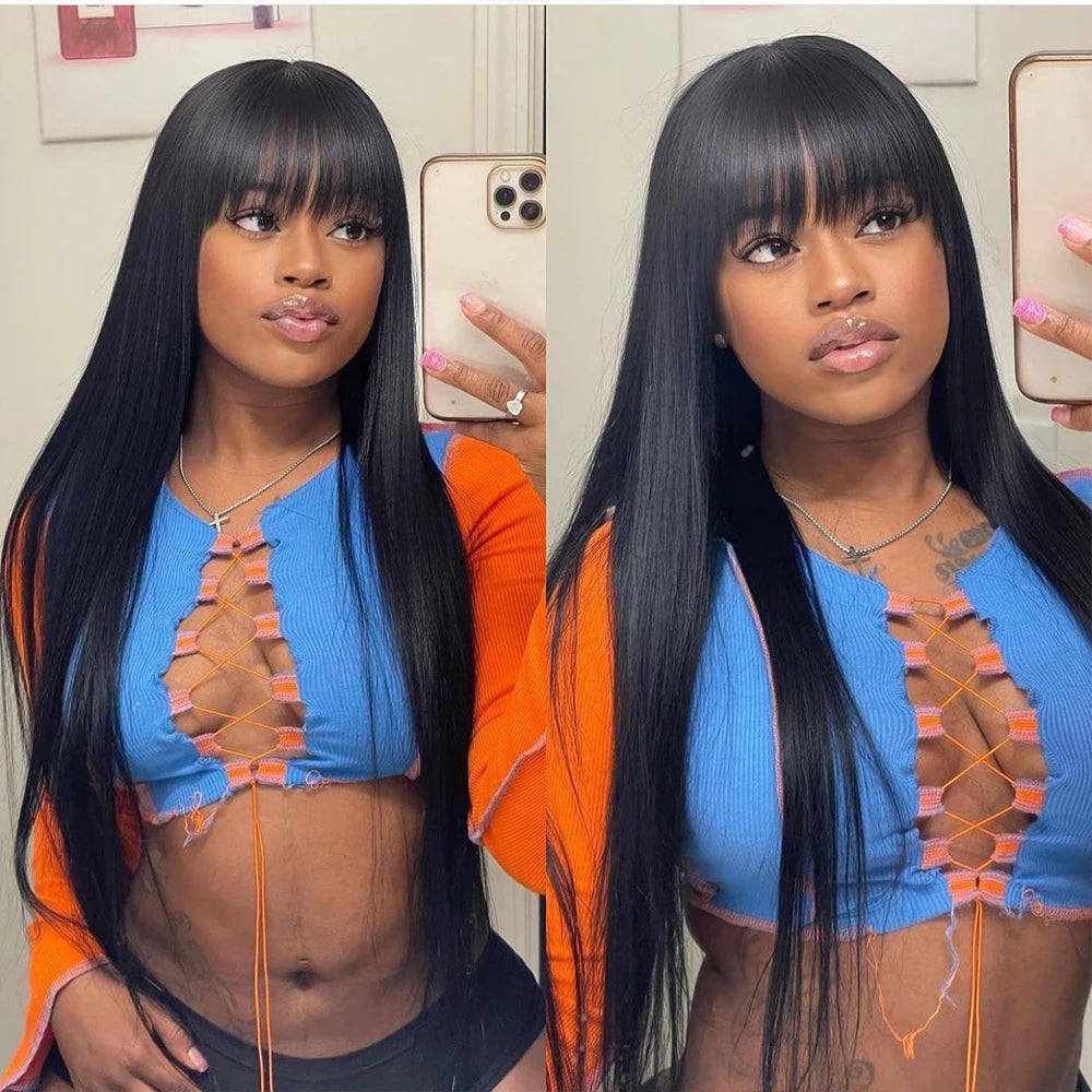 3x1 Hd Lace Straight Human Hair Wig With Bangs Short Bob Human Hair Wigs For Black Women Brazilian 30 34 Inch Long Fringe Wig
