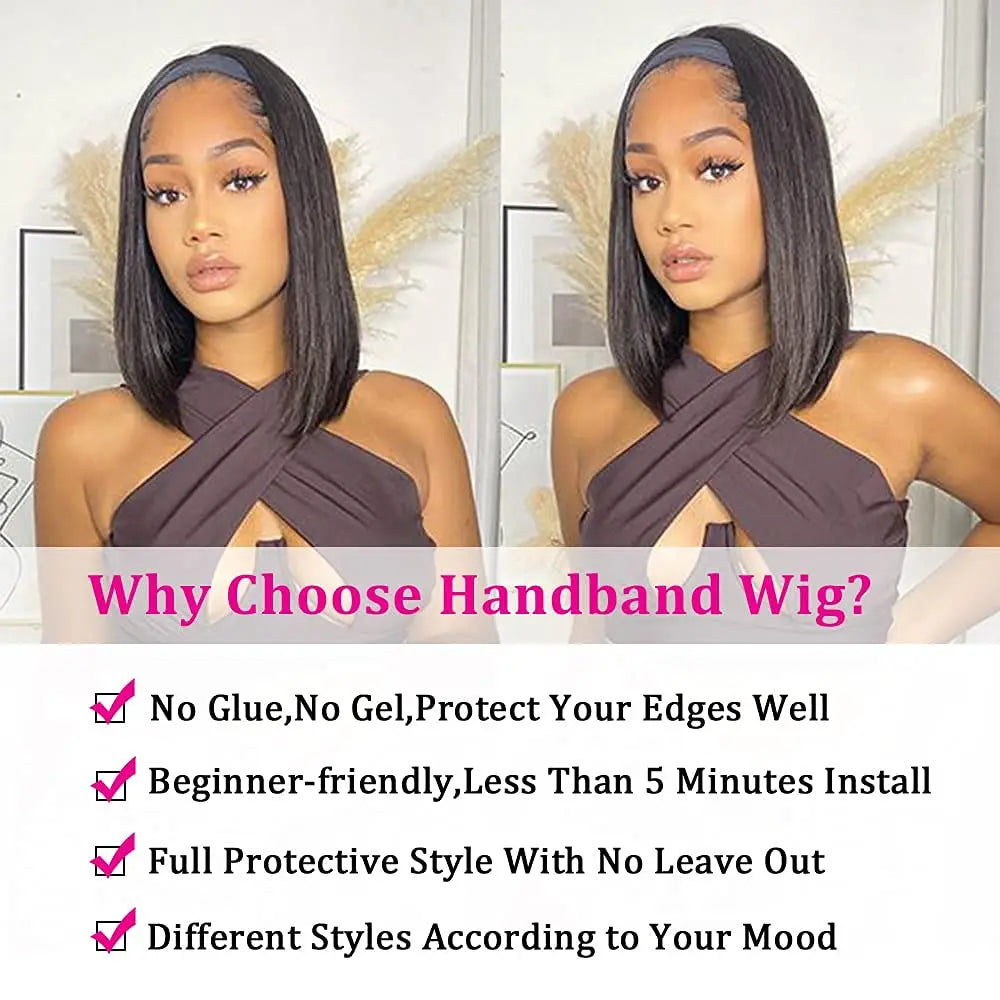Straight Human Hair Wigs - Getarme Headband Wigs Human Hair Bob Wig Full Machine Made Curly Hair Bang Wig 8-16 Inches Remy Hair