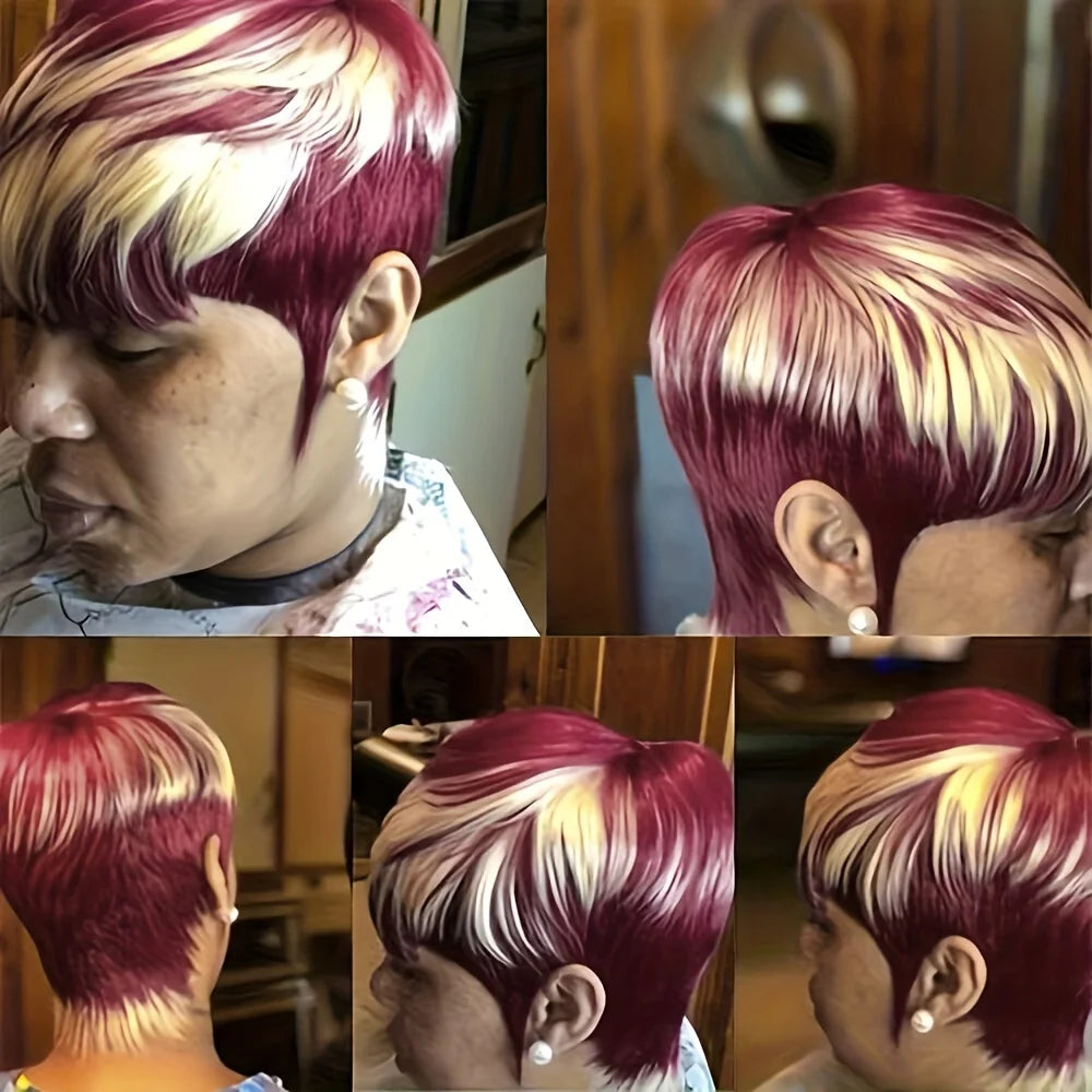 Human Hair Wig Pixie Cut Wig Highlight Short Wig With Bangs Human Hair machine made Wig For Women