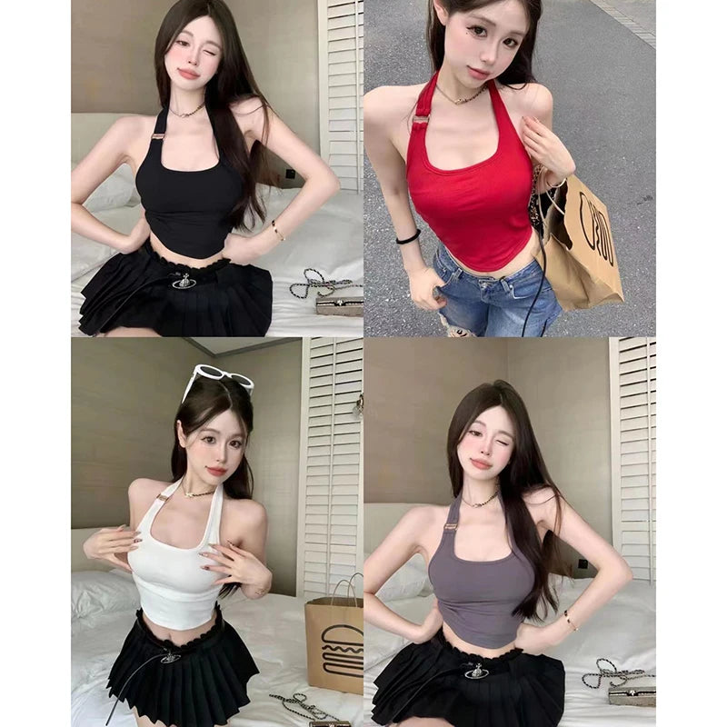 Summer Hotsweet Halter Tank Top Women Solid Color Sleeveless Slim Camisole With Bra Pad