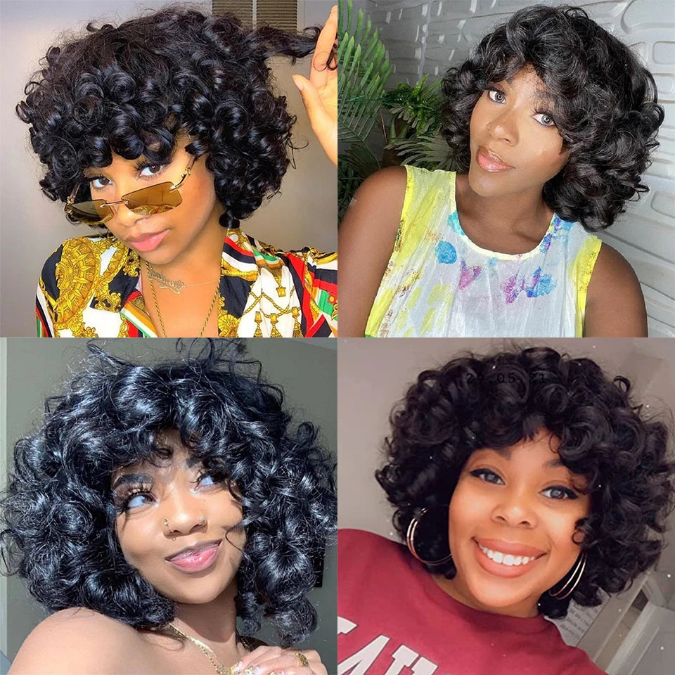 Short Curly Bob Wig Human Hair With Bangs Ready to Go Glueless Bouncy Curly Human Hair Wigs Machine Made Afro Wigs for Women