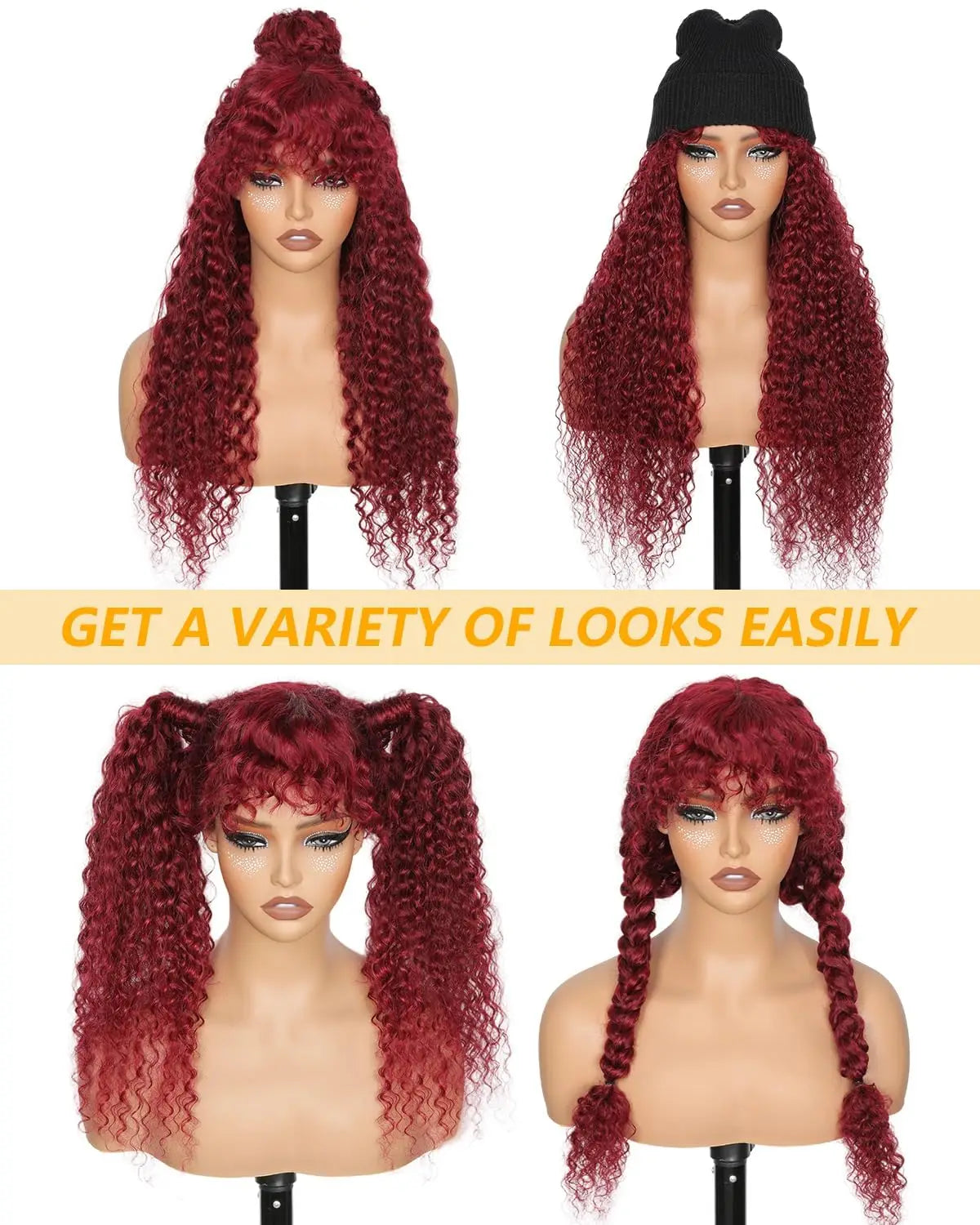 99J Burgundy 30 Inch Deep Curly Red Human Hair Wig With Bangs Water Wave Wear And Go Glueless Color Wigs Full Machine Made