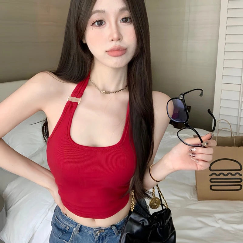 Summer Hotsweet Halter Tank Top Women Solid Color Sleeveless Slim Camisole With Bra Pad