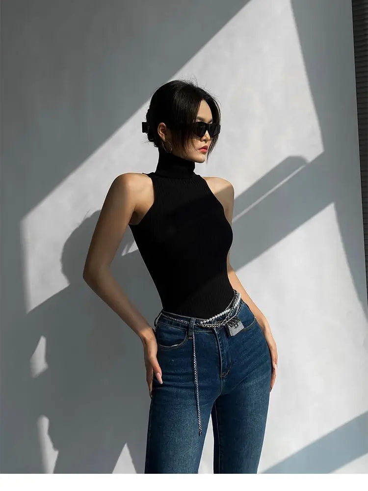 HELIAR Women Off Shoulder Tops Turtleneck Tank Tops Knitted Hot Tops Women 2024 Summer Skinny Round Neck Solid Cute Cropped