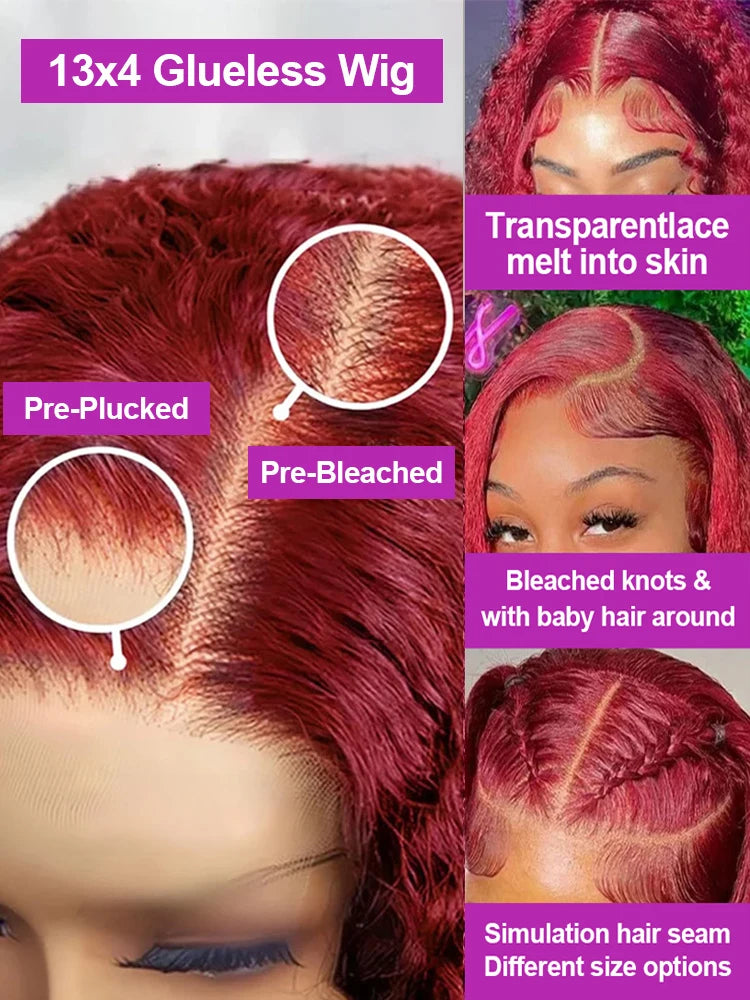 Curly Wigs 30 Inch Burgundy 13x4 Lace Frontal Human Hair Wigs High Density 99J Red Colored Deep Wave Human Hair Wigs Pre Plucked