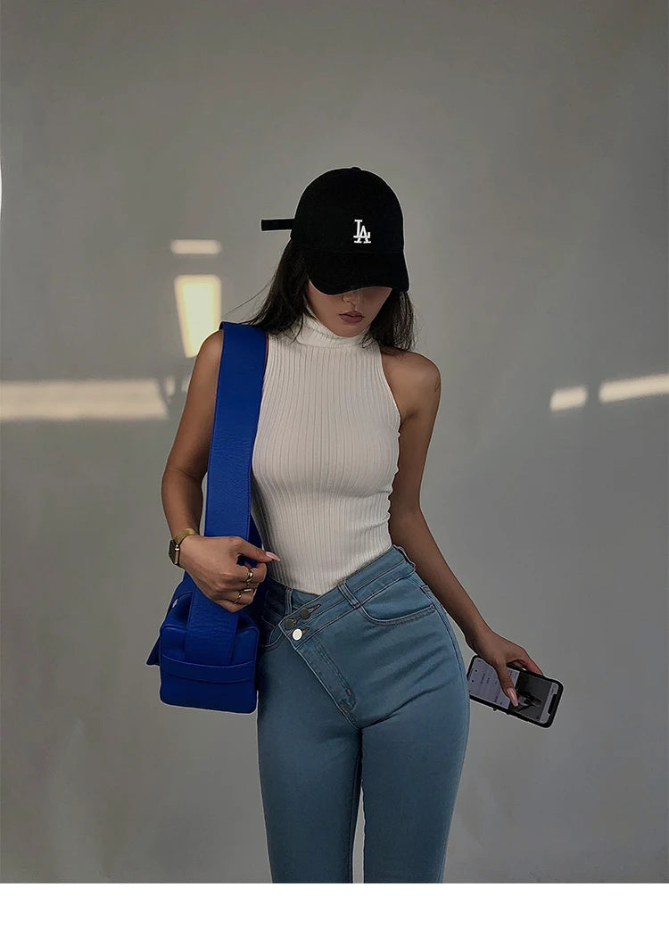 HELIAR Women Off Shoulder Tops Turtleneck Tank Tops Knitted Hot Tops Women 2024 Summer Skinny Round Neck Solid Cute Cropped