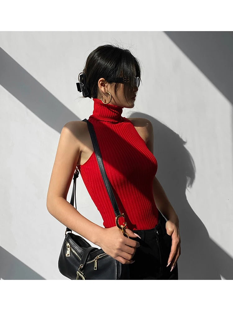 HELIAR Women Off Shoulder Tops Turtleneck Tank Tops Knitted Hot Tops Women 2024 Summer Skinny Round Neck Solid Cute Cropped