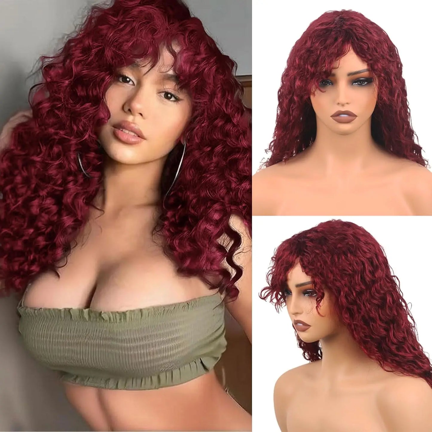 99J Burgundy 30 Inch Deep Curly Red Human Hair Wig With Bangs Water Wave Wear And Go Glueless Color Wigs Full Machine Made