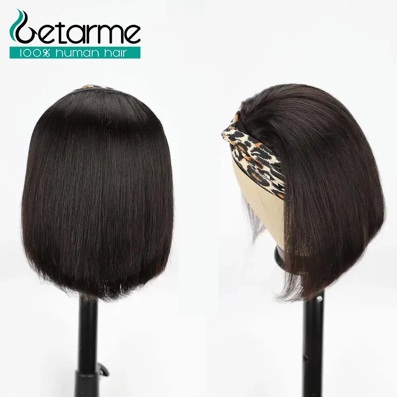Straight Human Hair Wigs - Getarme Headband Wigs Human Hair Bob Wig Full Machine Made Curly Hair Bang Wig 8-16 Inches Remy Hair