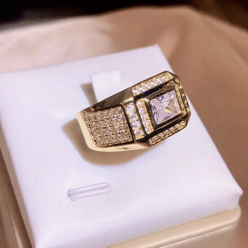 Fashion 14K Gold Plated Rings for Men Women Rectangular Diamond Crystal Zircon Finger Ring Jewelry 2025 Gift Anillos Mujer