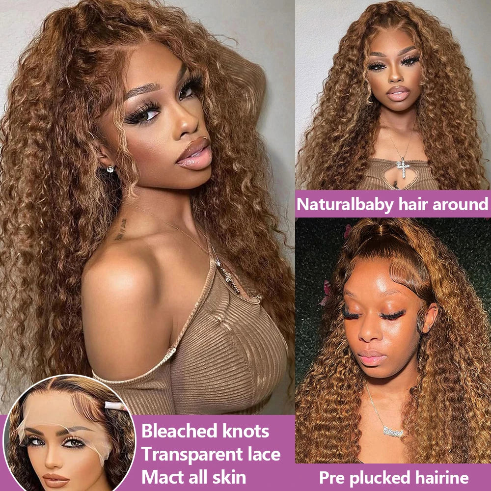 High Density 30 Inch Deep Wave 13x4 HD Lace Front Human Hair Wig Water Wave Curly Transpare Ombre Brown Wig Human Hair For Women