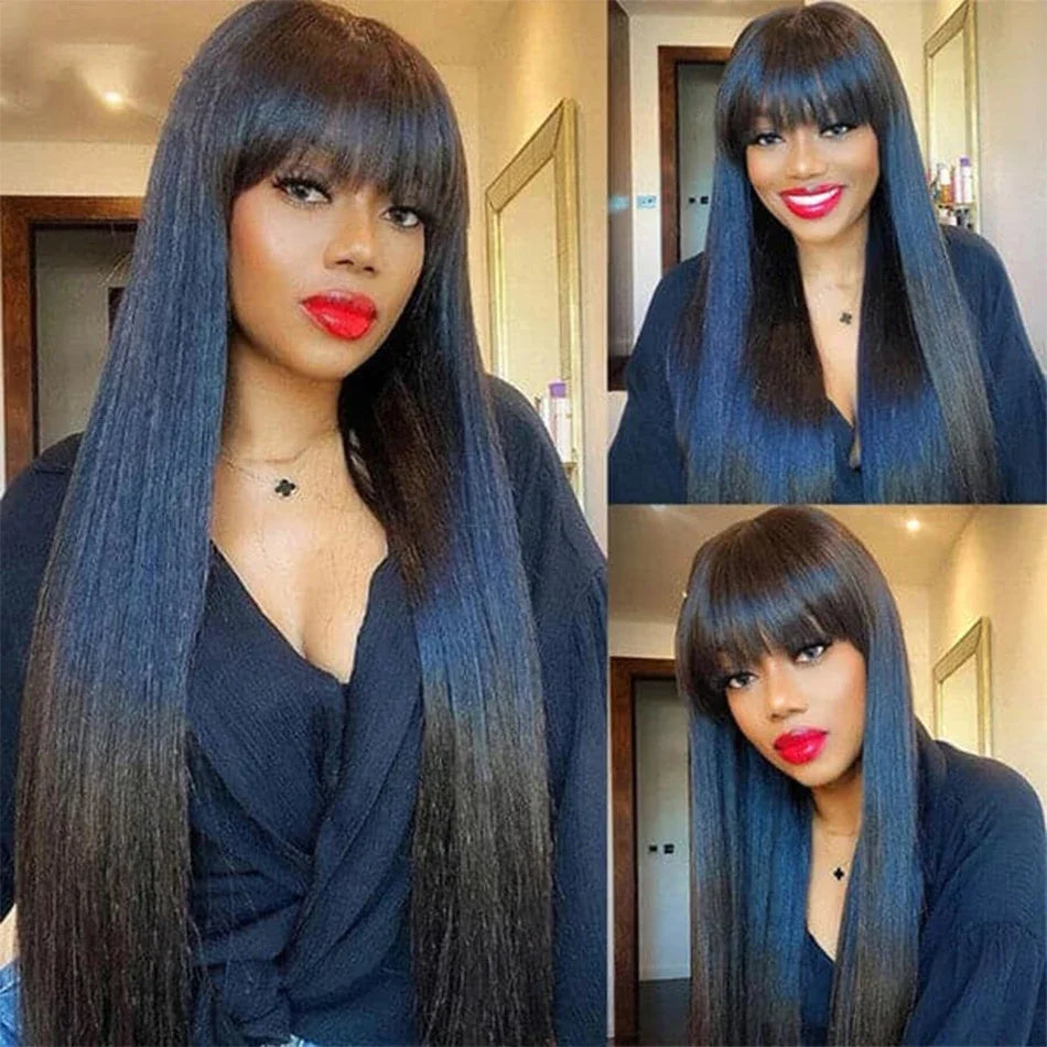 Straight Human Hair Wigs Full Machine Made 100% Human Hair Wigs With Bangs For Women Brazilian Cheap Wig On Sale Clearance BPHW