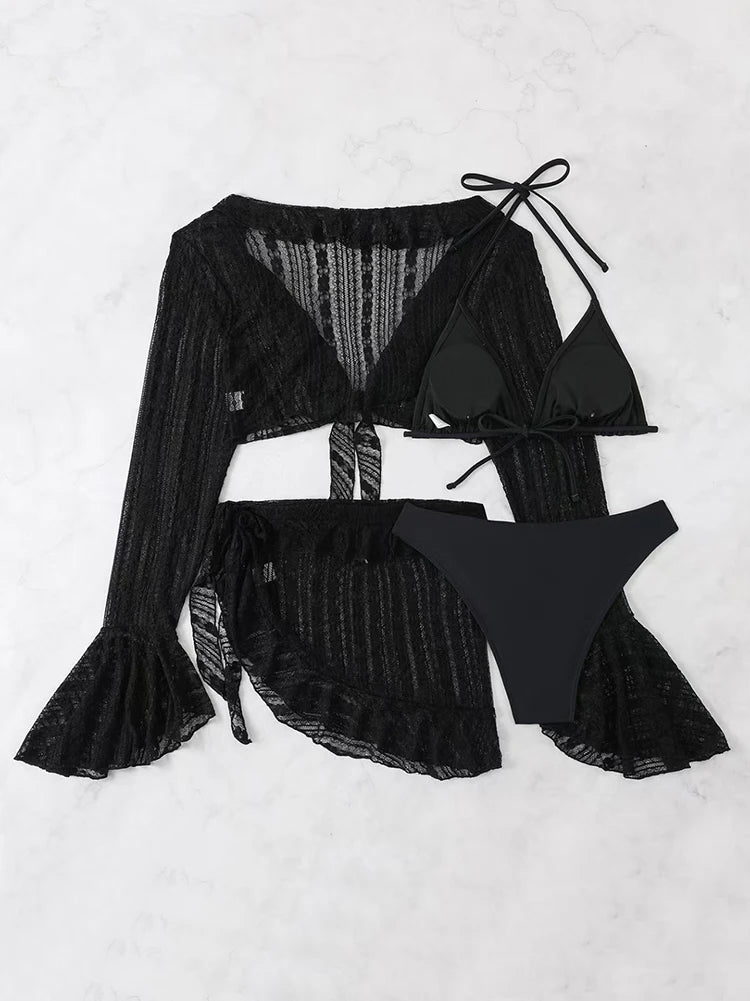 2025 Sexy Four-piece Women Swimsuit Long-sleeve Cover-up Swimwear Summer Solid Bikini Set Brazilian Beachwear Party bathing suit