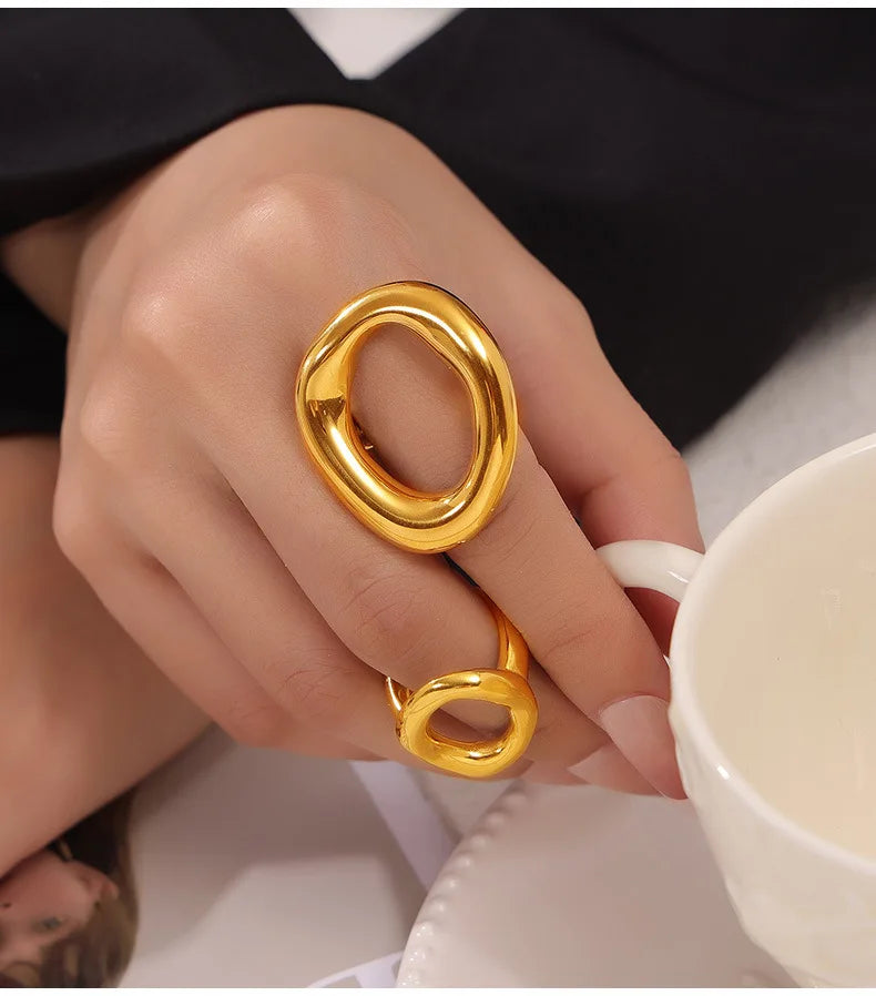 Fashion Minimalist Large Rings For Women Stainless Steel Gold Plated Waterproof Hip-hop Women's Finger Ring Aesthetic Jewelry