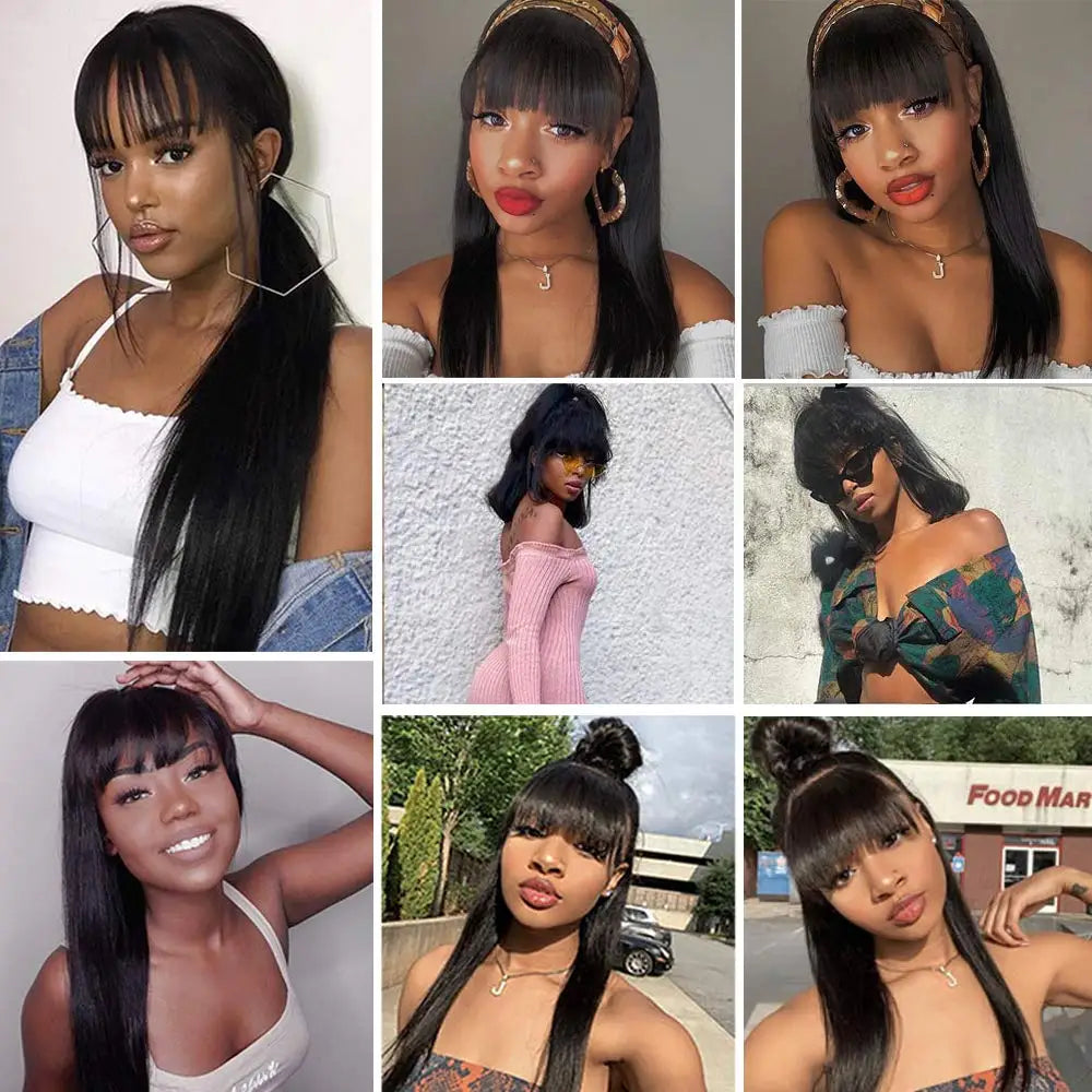 100% Human Hair Wig With Bangs Short Human Hair Wigs For Brazilian Straight Black Long Fringe Wig full machine made wig