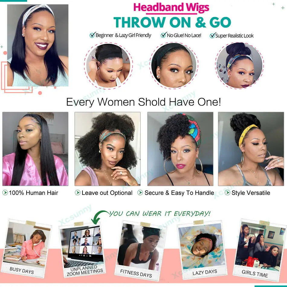 Straigh Human Hair Wigs For Women Natural Color Headband Human Hair Wigs Glueless Straight Human Hair Wigs Full Machine Made Wig