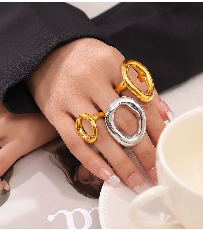 Fashion Minimalist Large Rings For Women Stainless Steel Gold Plated Waterproof Hip-hop Women's Finger Ring Aesthetic Jewelry