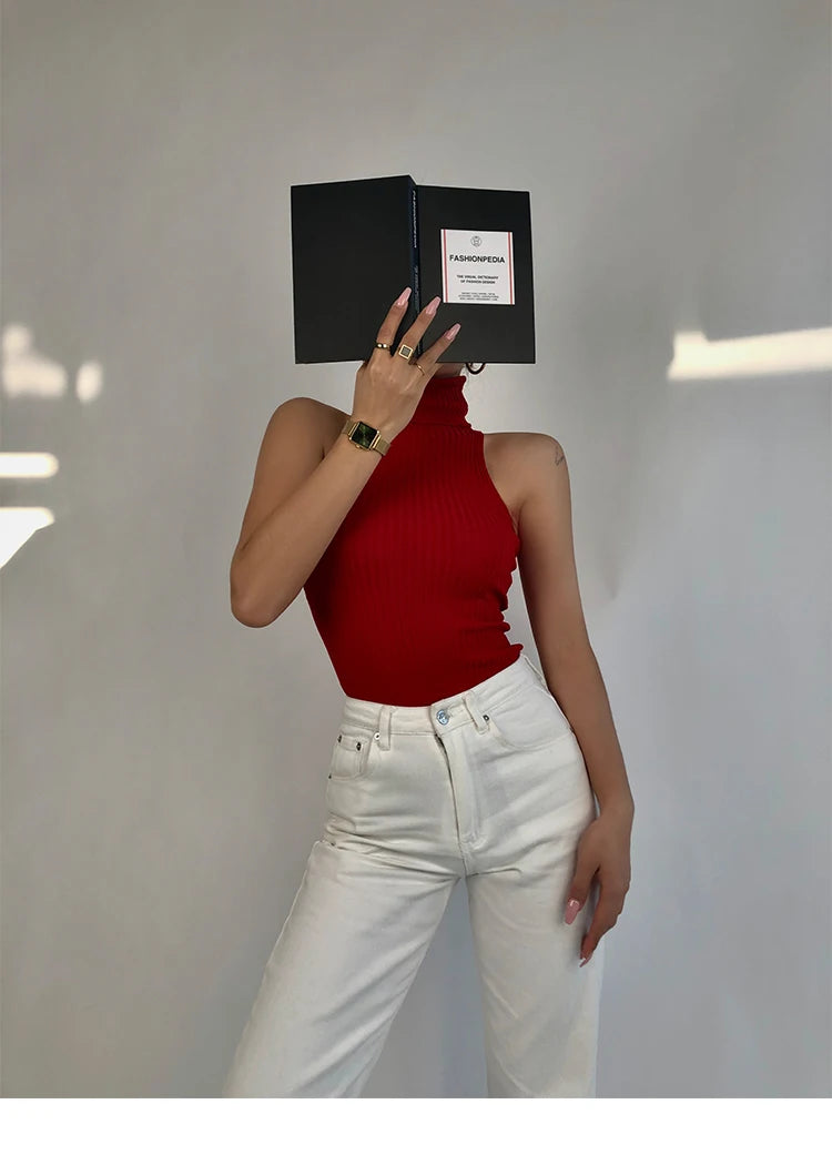 HELIAR Women Off Shoulder Tops Turtleneck Tank Tops Knitted Hot Tops Women 2024 Summer Skinny Round Neck Solid Cute Cropped
