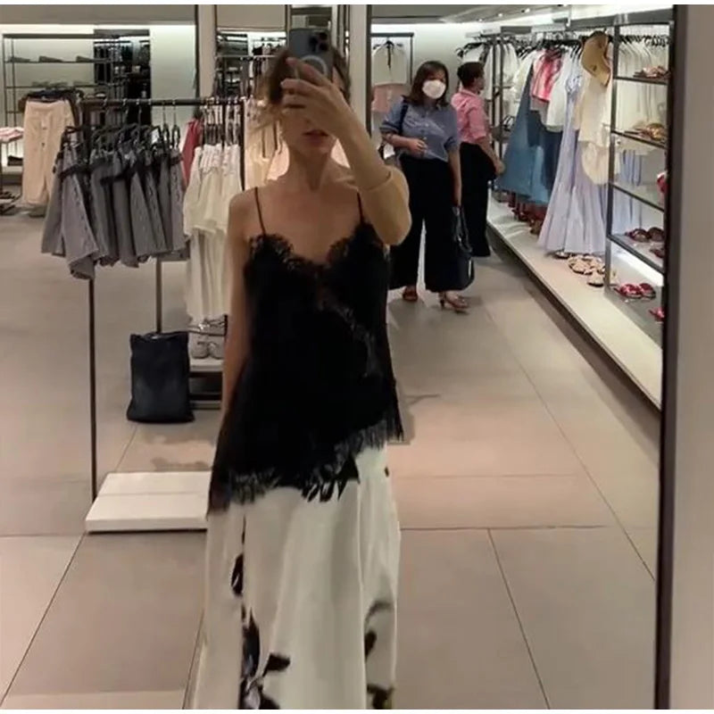 Summer Women Halter Top Satin Lace Spliced Tank Backless Deep Neck Sexy Vest Irregular Hem Vestidos 2025 Lady Vacation Sexy Tops