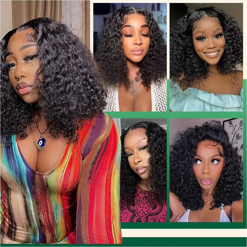 Deep Wave Human Hair Wigs Short 13x4 Lace Frontal Bob Wig 200% Density Water Wave Transparent Lace Pre Plucked Wigs For Women 1B
