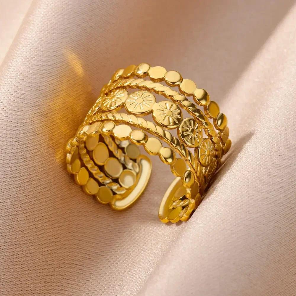 2025 Fashion Geometry Flower Rings For Women Gold Color Stainless Steel Finger Ring Trend Luxury Boho Aesthetic Jewelry