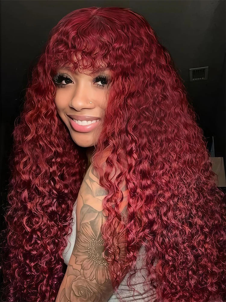 99J Burgundy Curly Wig with Bangs Human Hair Deep Wave Wear and Go Glueless Color Wigs Brazilian Full Machine Made Wig for Women