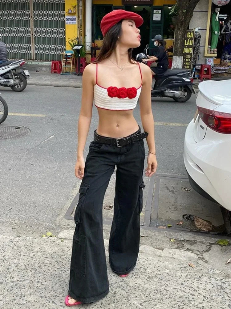 Floral Hot Tops For Women Edgy Clothes Y2k Accessories Knitted Corset Streetwear Spaghetti Strap Ropa Mujer White Camison Verano