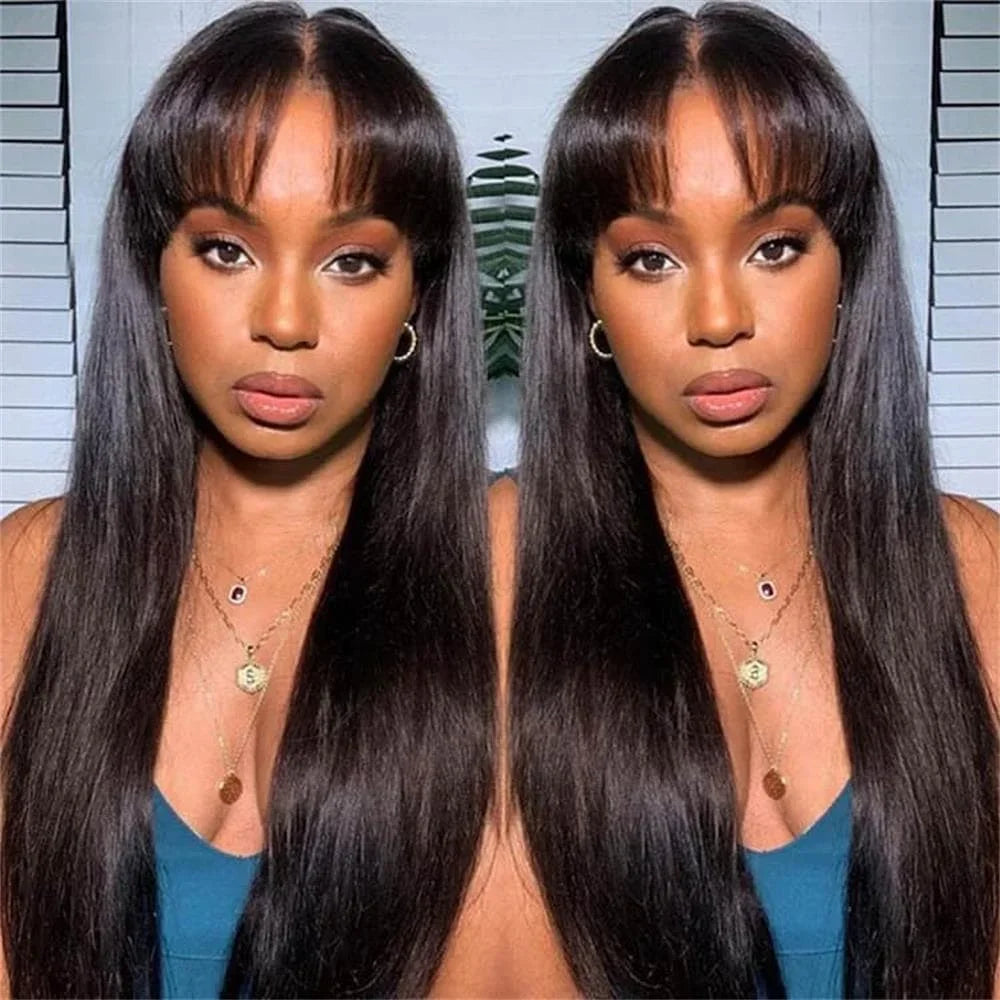 Straight Human Hair Wigs Full Machine Made 100% Human Hair Wigs With Bangs For Women Brazilian Cheap Wig On Sale Clearance BPHW