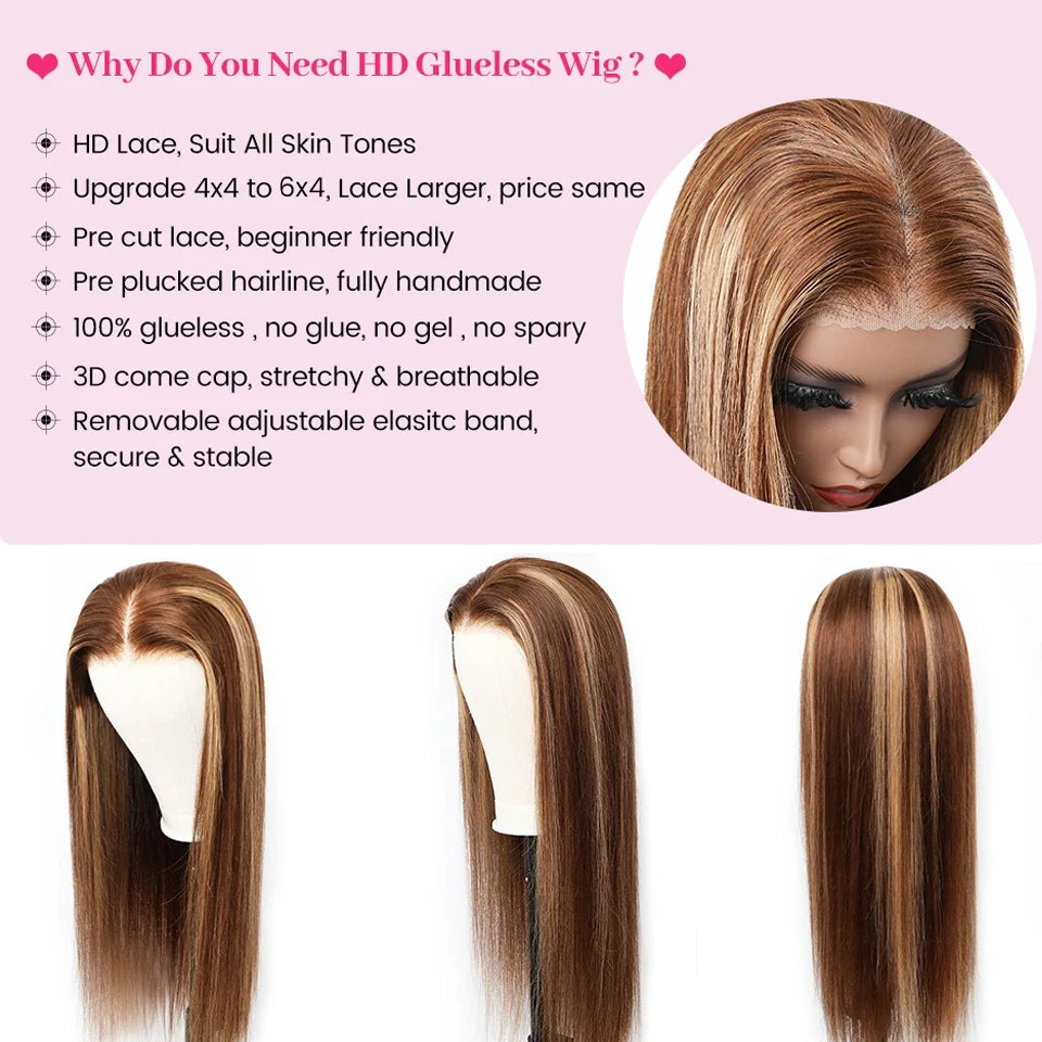 Wear And Go Glueless Human Hair ISEE Brazilian Straight Highlight Wig 6x4 HD Lace Glueless Preplucked Human Wigs Ready To Go