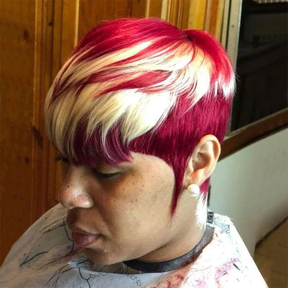 Human Hair Wig Pixie Cut Wig Highlight Short Wig With Bangs Human Hair machine made Wig For Women